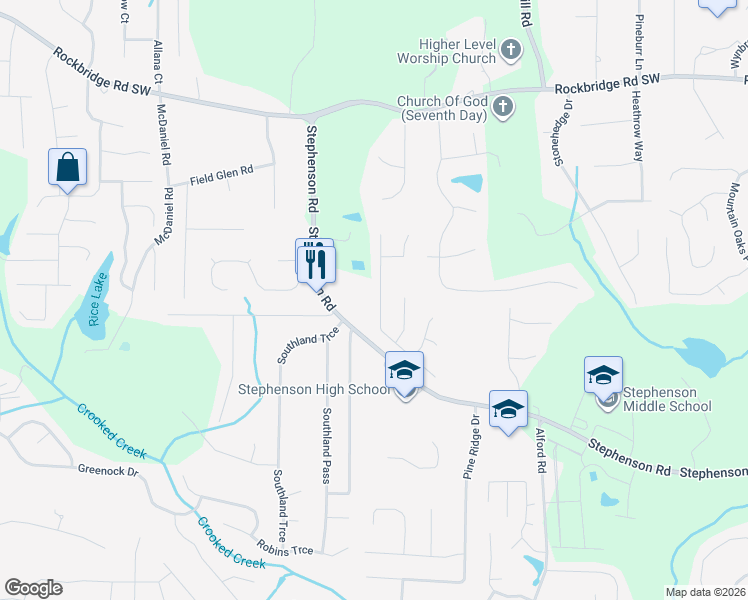 map of restaurants, bars, coffee shops, grocery stores, and more near 579 Wren Walk in Stone Mountain