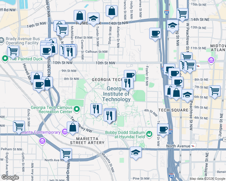 map of restaurants, bars, coffee shops, grocery stores, and more near 347 Ferst Drive in Atlanta