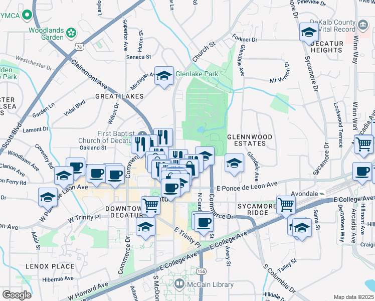 map of restaurants, bars, coffee shops, grocery stores, and more near 750 Commerce Drive in Decatur