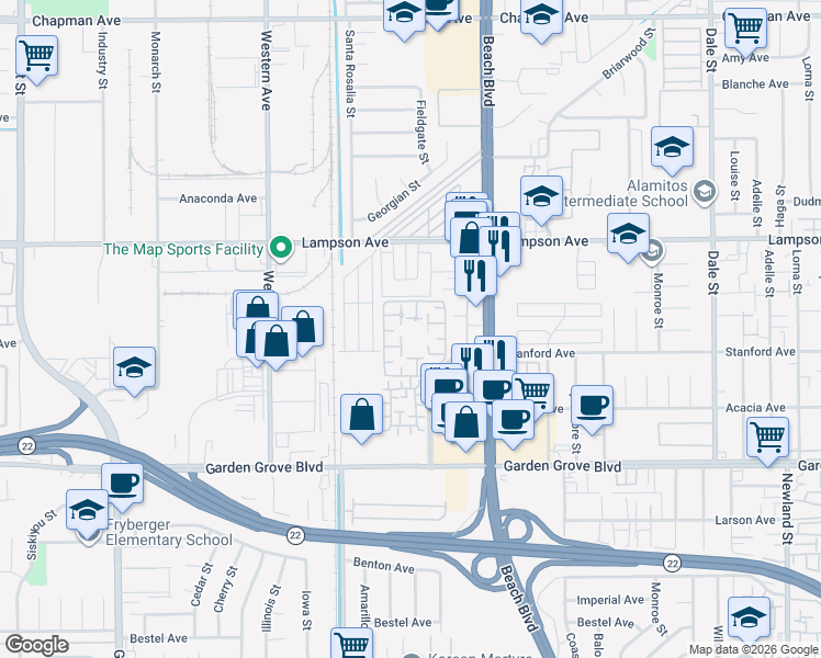map of restaurants, bars, coffee shops, grocery stores, and more near 12621 Moordale Circle in Stanton