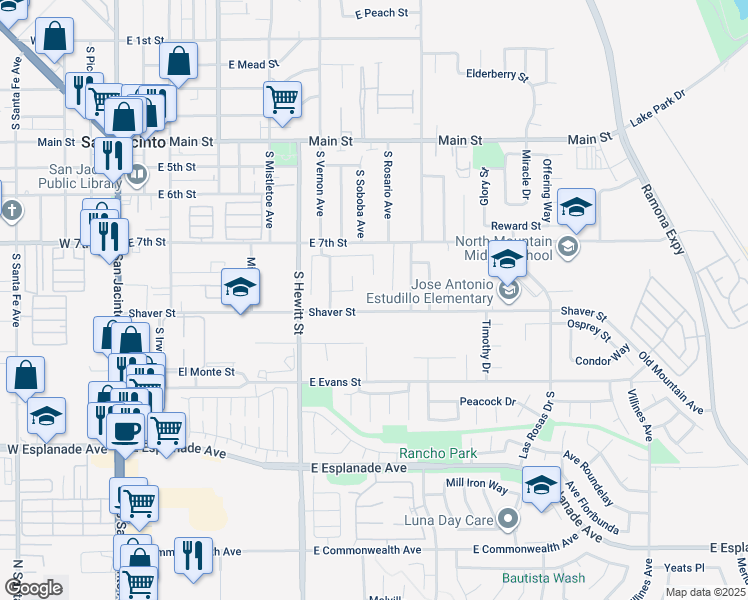 map of restaurants, bars, coffee shops, grocery stores, and more near Shaver Street in San Jacinto