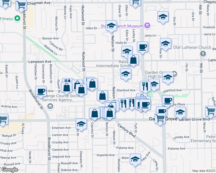 map of restaurants, bars, coffee shops, grocery stores, and more near in Garden Grove