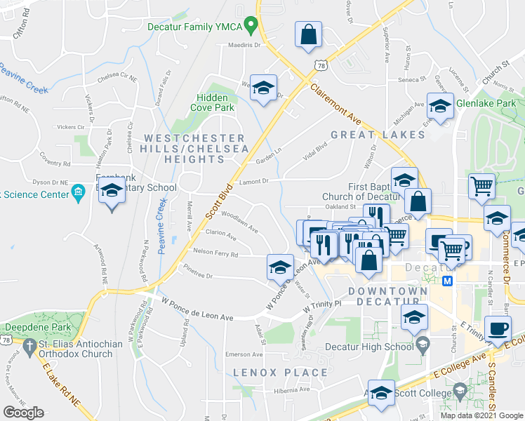 map of restaurants, bars, coffee shops, grocery stores, and more near 170 Coventry Road in Decatur