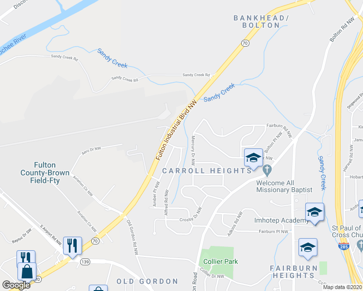 map of restaurants, bars, coffee shops, grocery stores, and more near 3743 Amber Road Northwest in Atlanta