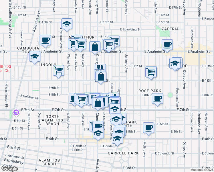 map of restaurants, bars, coffee shops, grocery stores, and more near 902 Saint Louis Avenue in Long Beach