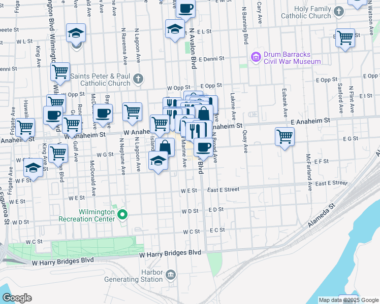 map of restaurants, bars, coffee shops, grocery stores, and more near 120 West G Street in Los Angeles