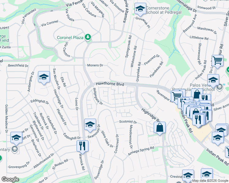 map of restaurants, bars, coffee shops, grocery stores, and more near 28170 Ridgecove Court South in Rancho Palos Verdes