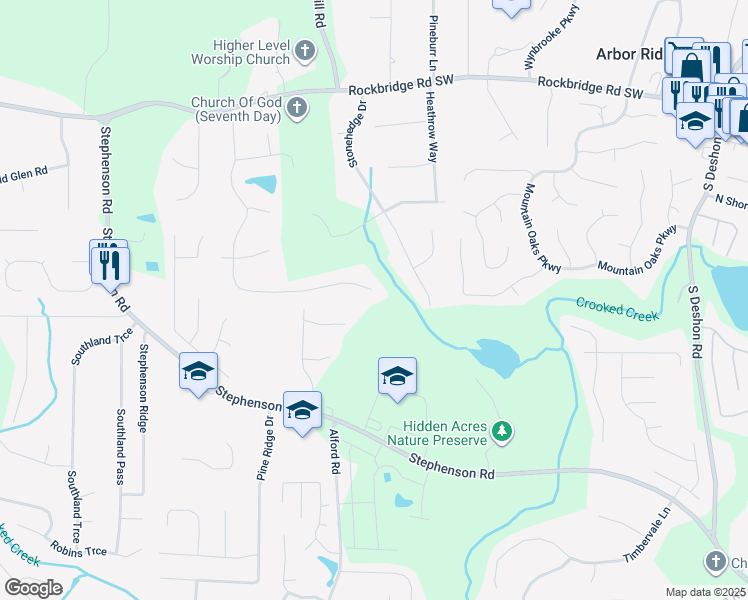 map of restaurants, bars, coffee shops, grocery stores, and more near 725 Raven Springs Trail in Stone Mountain