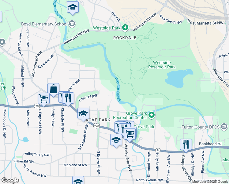 map of restaurants, bars, coffee shops, grocery stores, and more near 857 Gertrude Place Northwest in Atlanta