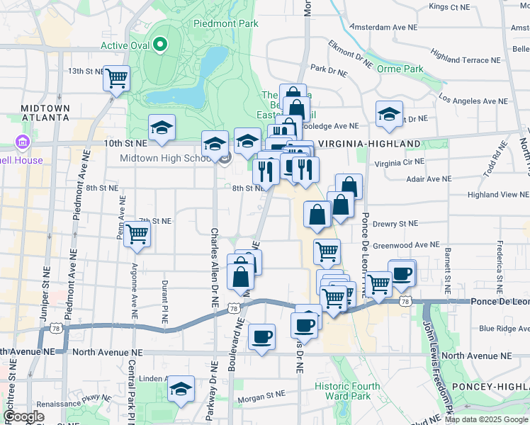 map of restaurants, bars, coffee shops, grocery stores, and more near 730 Midtown Place Northeast in Atlanta