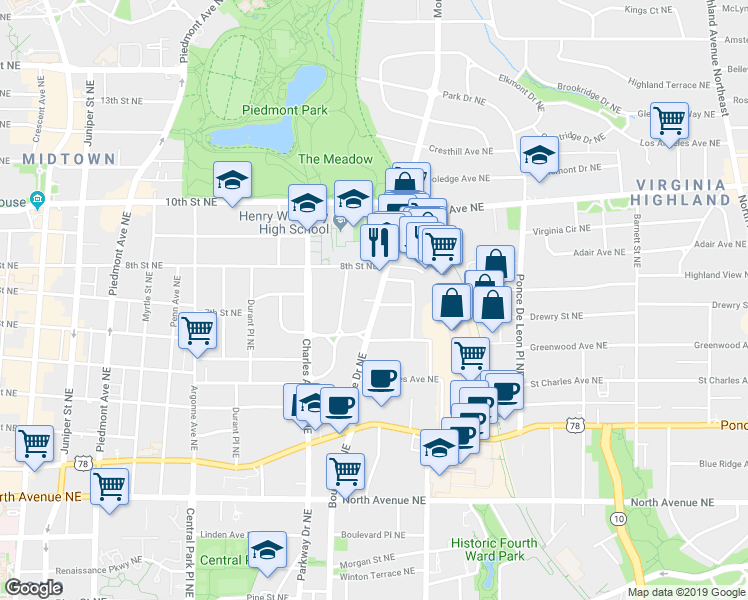 map of restaurants, bars, coffee shops, grocery stores, and more near Midtown Place Northeast in Atlanta