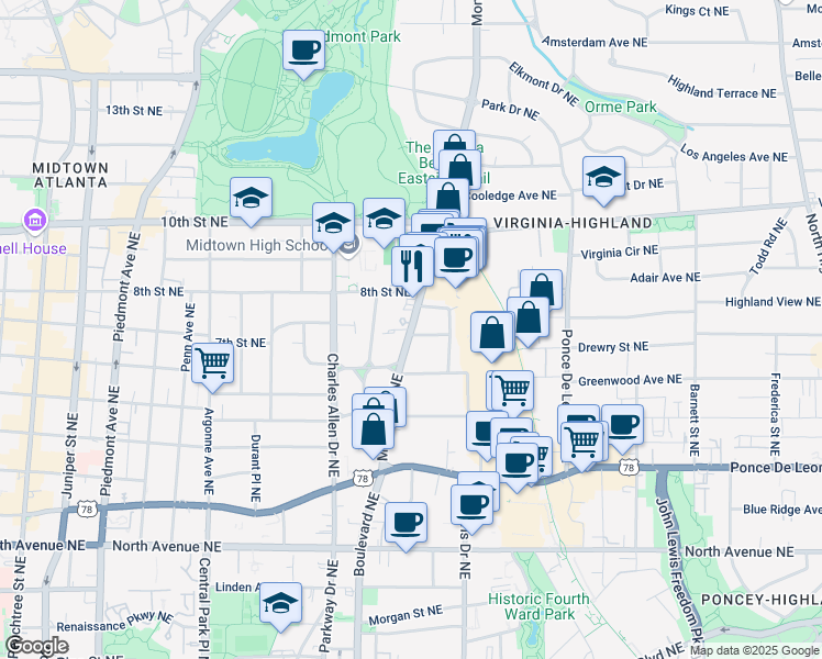 map of restaurants, bars, coffee shops, grocery stores, and more near 730 Midtown Place Northeast in Atlanta