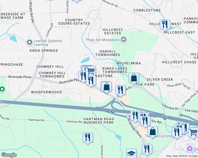 map of restaurants, bars, coffee shops, grocery stores, and more near 6983 Flagstone Drive in Austell