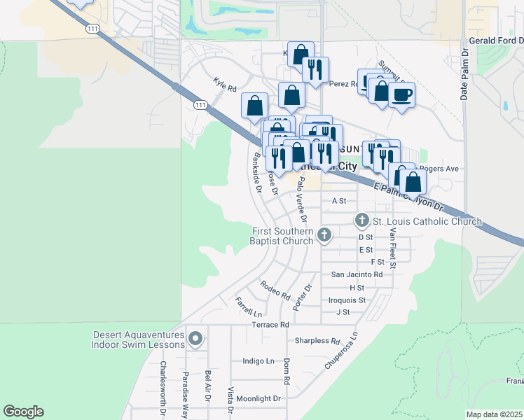 map of restaurants, bars, coffee shops, grocery stores, and more near 37219 Bankside Drive in Cathedral City