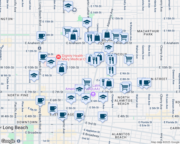 map of restaurants, bars, coffee shops, grocery stores, and more near 920 Martin Luther King Junior Avenue in Long Beach