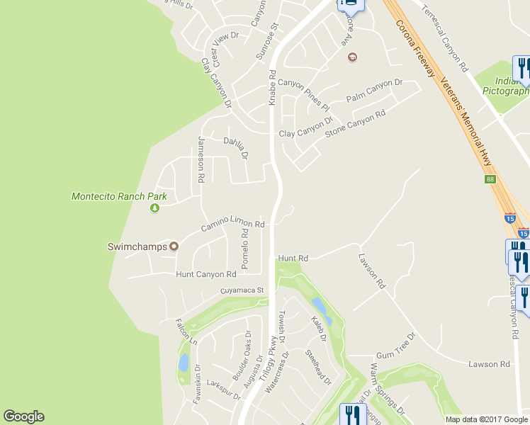 map of restaurants, bars, coffee shops, grocery stores, and more near 23504 Cantara Road in Corona