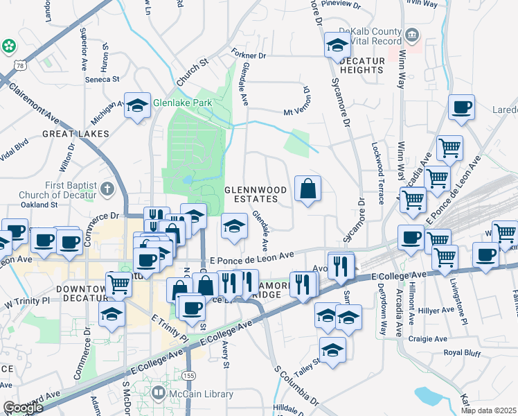map of restaurants, bars, coffee shops, grocery stores, and more near 229 Glendale Avenue in Decatur