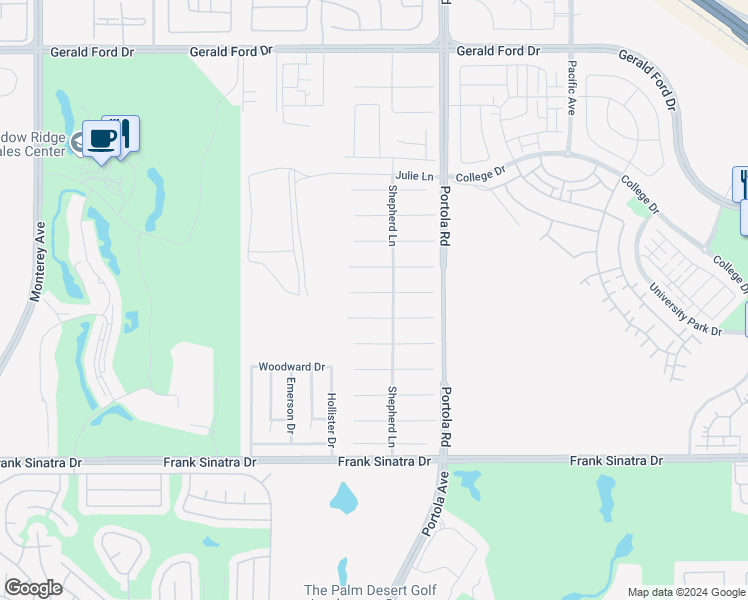 map of restaurants, bars, coffee shops, grocery stores, and more near 74079 Kingston Court East in Palm Desert