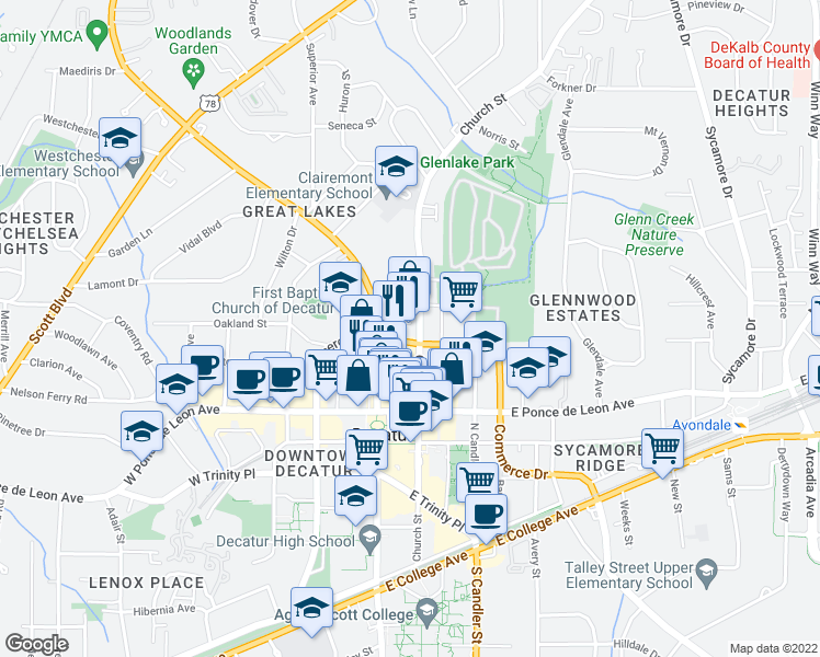 map of restaurants, bars, coffee shops, grocery stores, and more near 614 Church Street in Decatur