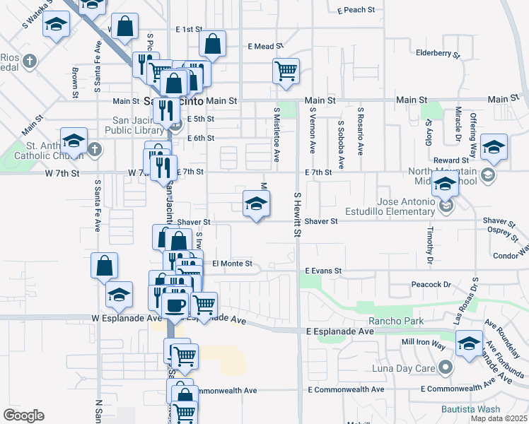 map of restaurants, bars, coffee shops, grocery stores, and more near 848 Minor Street in San Jacinto