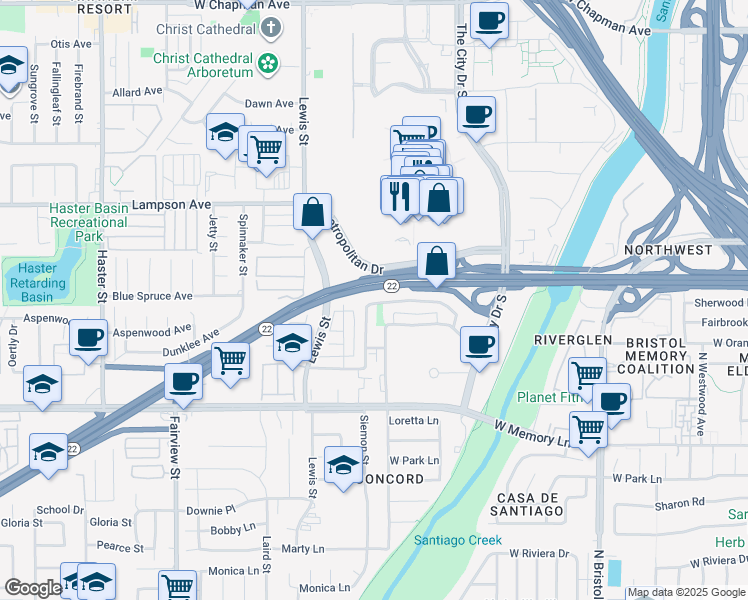 map of restaurants, bars, coffee shops, grocery stores, and more near 3735 West Park Balboa Avenue in Orange