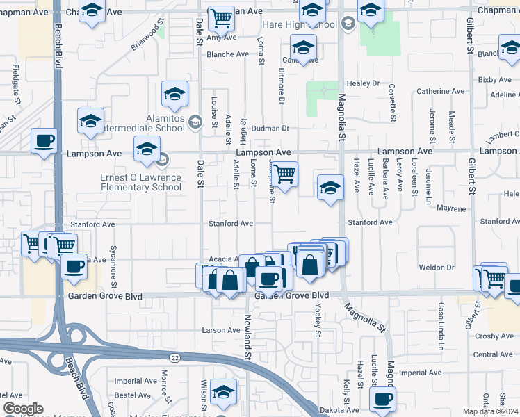 map of restaurants, bars, coffee shops, grocery stores, and more near 12671 Lorna Street in Garden Grove