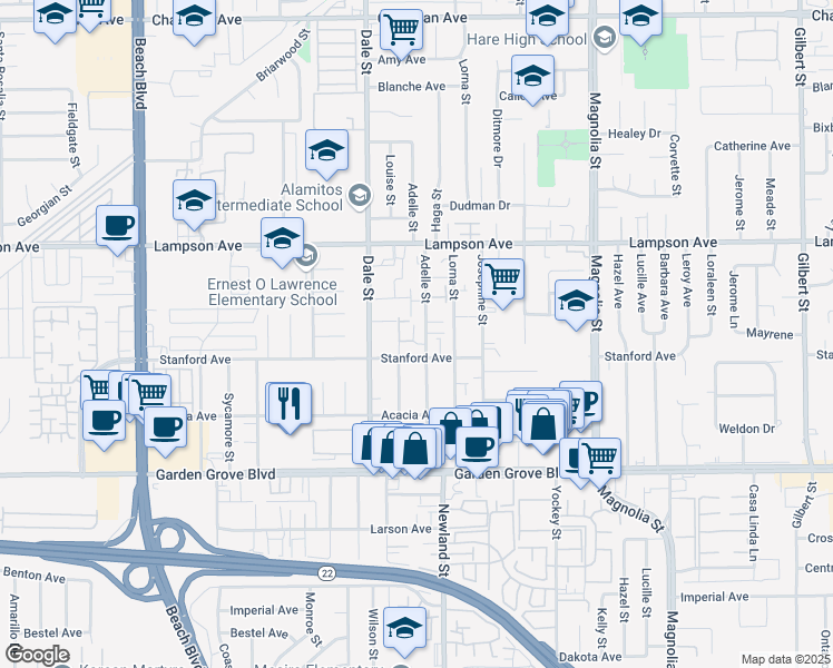 map of restaurants, bars, coffee shops, grocery stores, and more near 12652 Louise Lane in Garden Grove