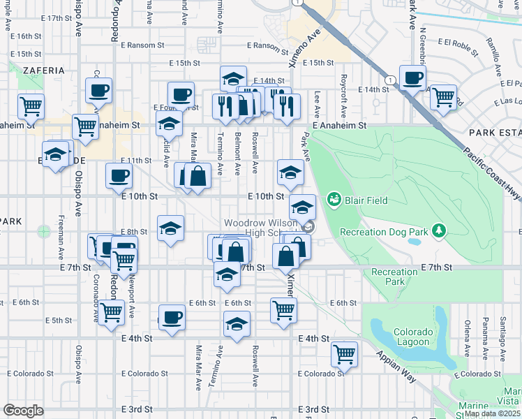 map of restaurants, bars, coffee shops, grocery stores, and more near 917 Bennett Avenue in Long Beach