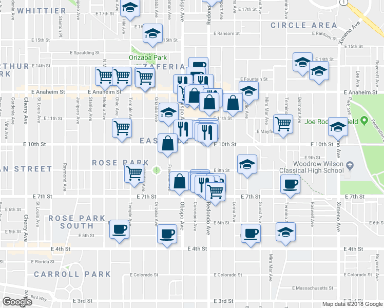 map of restaurants, bars, coffee shops, grocery stores, and more near 924 Coronado Avenue in Long Beach