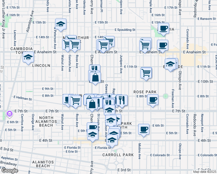 map of restaurants, bars, coffee shops, grocery stores, and more near 909 Dawson Avenue in Long Beach