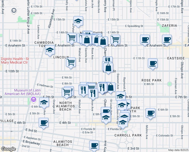 map of restaurants, bars, coffee shops, grocery stores, and more near 925 Rose Avenue in Long Beach