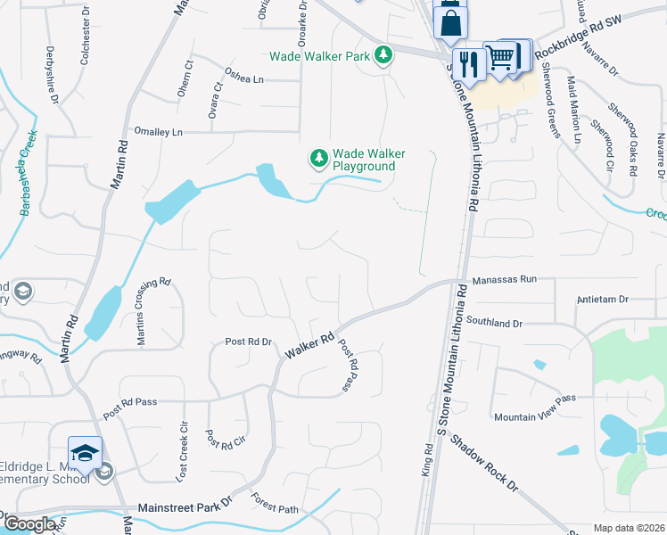 map of restaurants, bars, coffee shops, grocery stores, and more near 609 Granite Trce in Stone Mountain