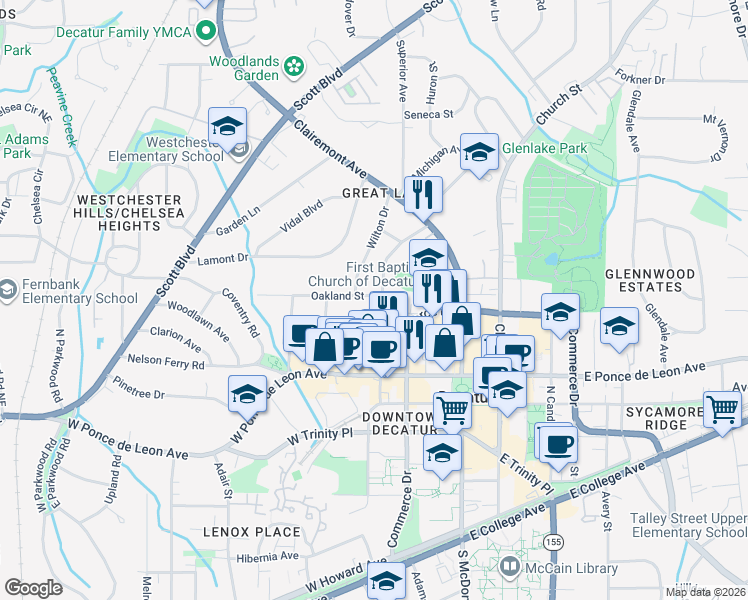 map of restaurants, bars, coffee shops, grocery stores, and more near 402 Ponce De Leon Place in Decatur