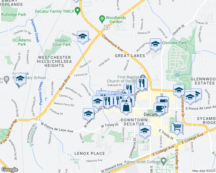 map of restaurants, bars, coffee shops, grocery stores, and more near 312 Oakland Street in Decatur