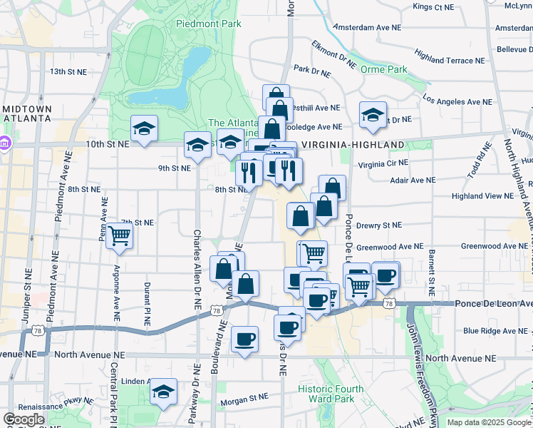 map of restaurants, bars, coffee shops, grocery stores, and more near 877 Monroe Drive Northeast in Atlanta