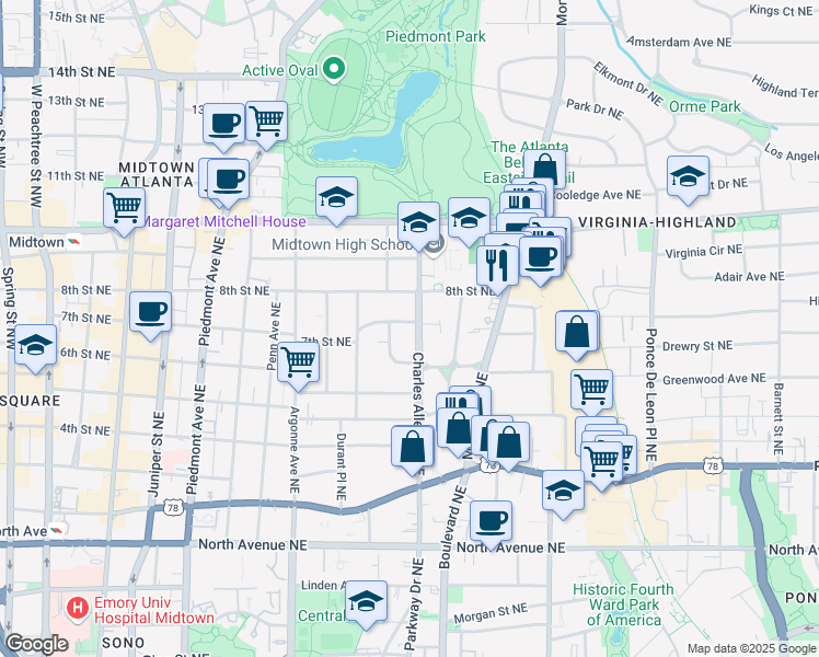 map of restaurants, bars, coffee shops, grocery stores, and more near 421 7th Street Northeast in Atlanta