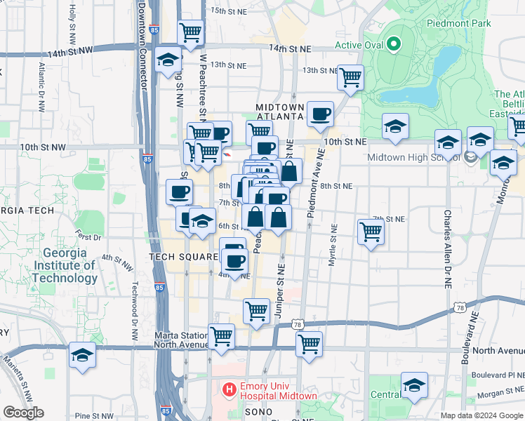 map of restaurants, bars, coffee shops, grocery stores, and more near 881 Peachtree Street Northeast in Atlanta