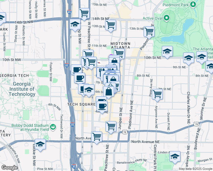 map of restaurants, bars, coffee shops, grocery stores, and more near 870 Peachtree Street Northeast in Atlanta