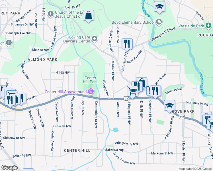 map of restaurants, bars, coffee shops, grocery stores, and more near 849 Wood Street Northwest in Atlanta