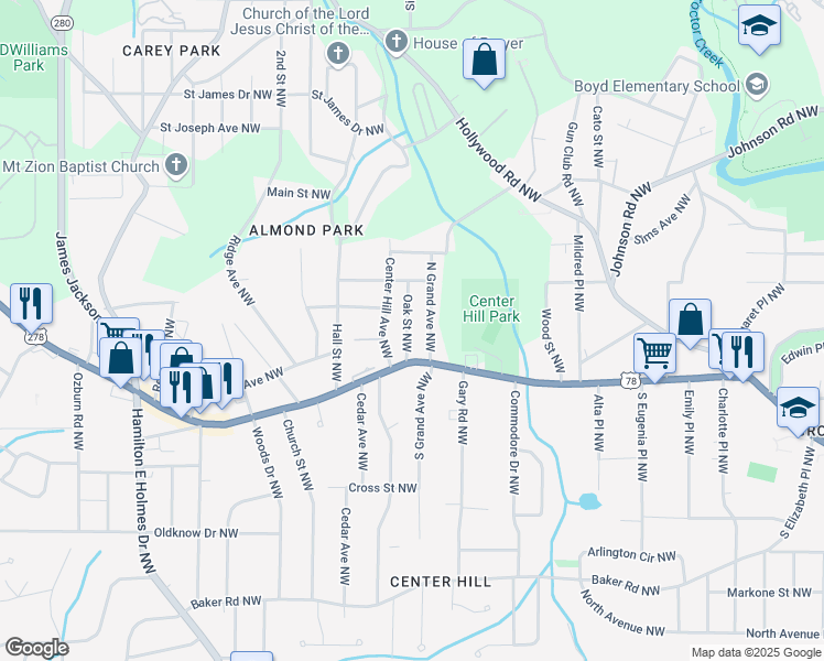 map of restaurants, bars, coffee shops, grocery stores, and more near 860 Oak Street Northwest in Atlanta