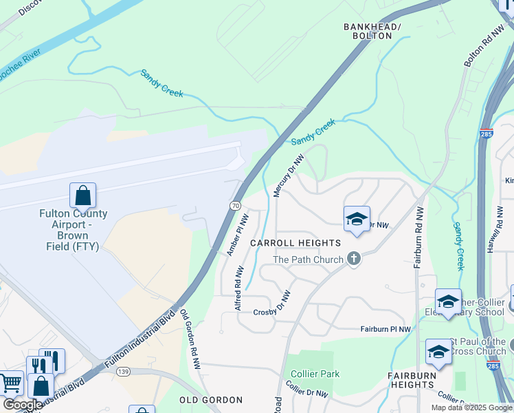 map of restaurants, bars, coffee shops, grocery stores, and more near 3751 Amber Road Northwest in Atlanta