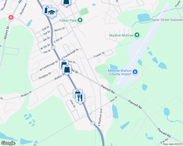 map of restaurants, bars, coffee shops, grocery stores, and more near 1226 South Madison Avenue in Monroe