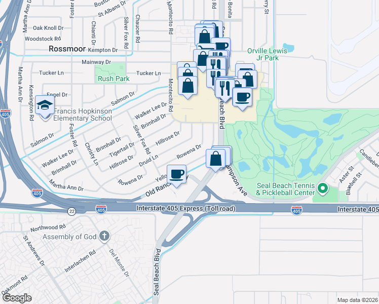 map of restaurants, bars, coffee shops, grocery stores, and more near 3082 Rowena Drive in Los Alamitos
