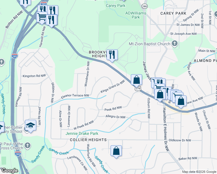 map of restaurants, bars, coffee shops, grocery stores, and more near 890 Kings Grant Drive Northwest in Atlanta
