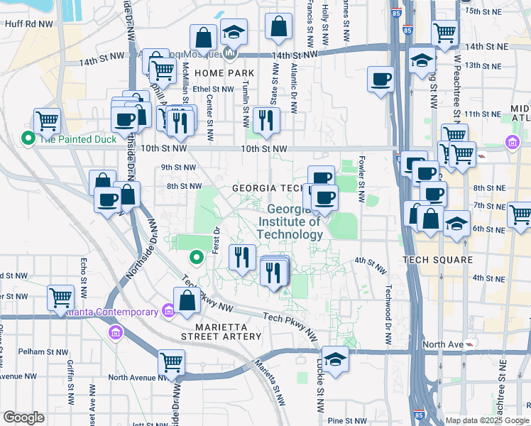 map of restaurants, bars, coffee shops, grocery stores, and more near 422 Ferst Drive Northwest in Atlanta