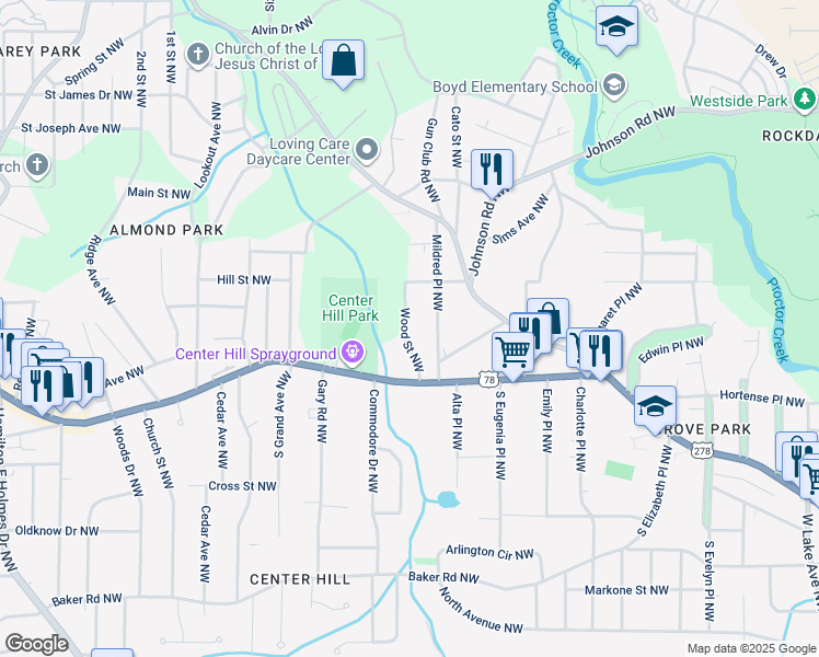 map of restaurants, bars, coffee shops, grocery stores, and more near 849 Wood Street Northwest in Atlanta