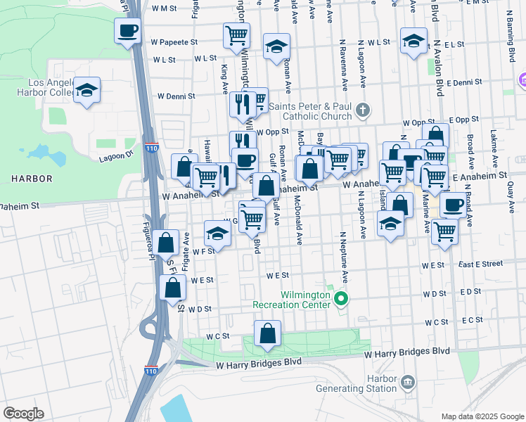map of restaurants, bars, coffee shops, grocery stores, and more near 712 Wilmington Boulevard in Los Angeles