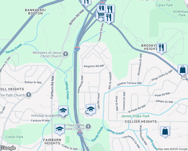 map of restaurants, bars, coffee shops, grocery stores, and more near 3238 Jamaica Road Northwest in Atlanta