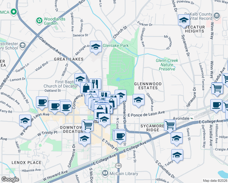 map of restaurants, bars, coffee shops, grocery stores, and more near 720 Commerce Drive in Decatur