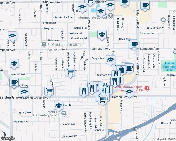 map of restaurants, bars, coffee shops, grocery stores, and more near 12727 West Street in Garden Grove